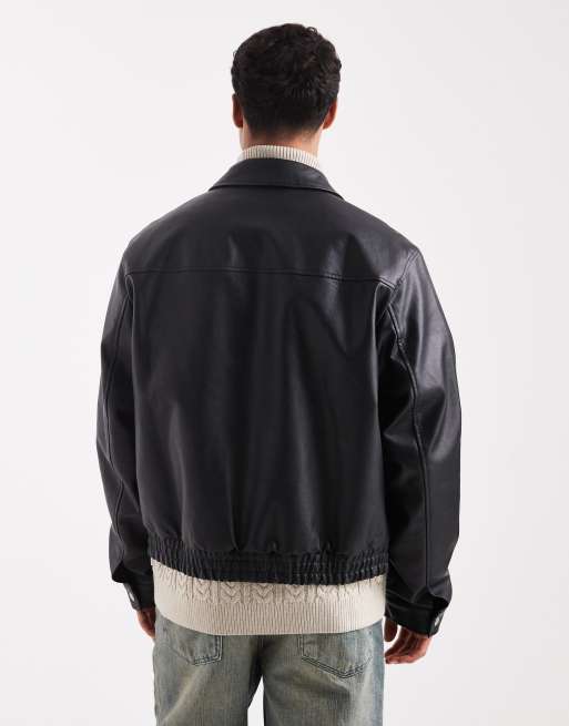 Jack & Jones faux leather harrington bomber jacket in black, 3 of 5