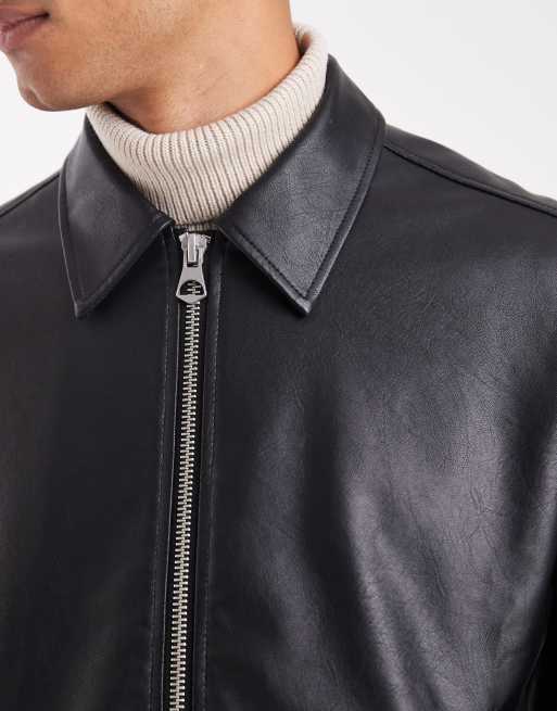 Jack & Jones faux leather harrington bomber jacket in black
