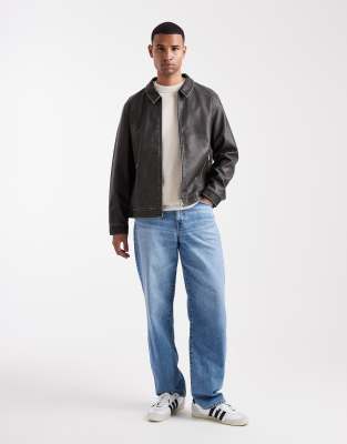 Jack & Jones Faux Leather Harrington Jacket In Black