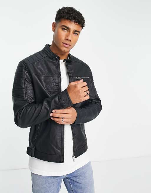 Jack & Jones Essentials faux leather biker jacket in black