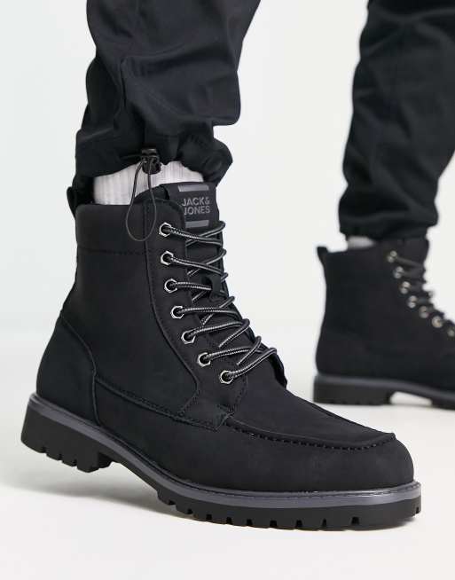 Jack & Jones faux leather lace up boots in black