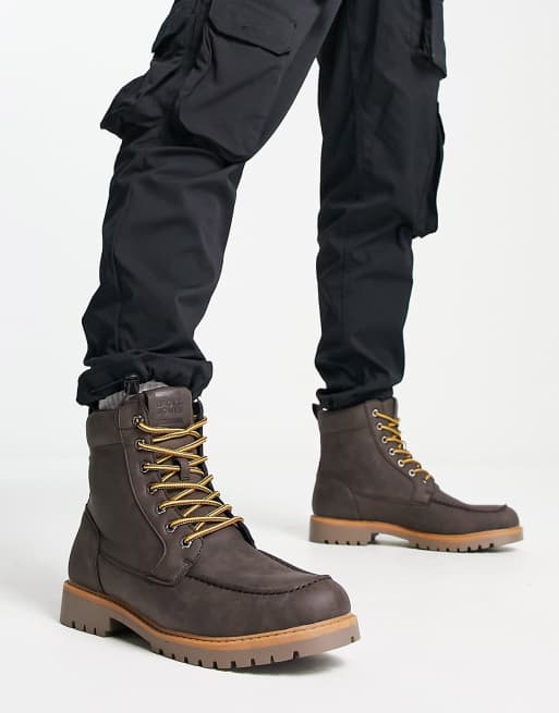 Jack & Jones faux leather lace up boots in cognac