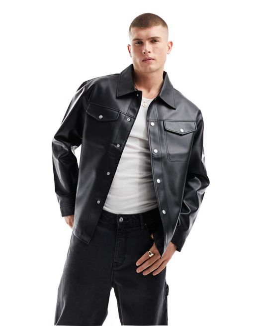 Jack & Jones faux leather overshirt in black | ASOS