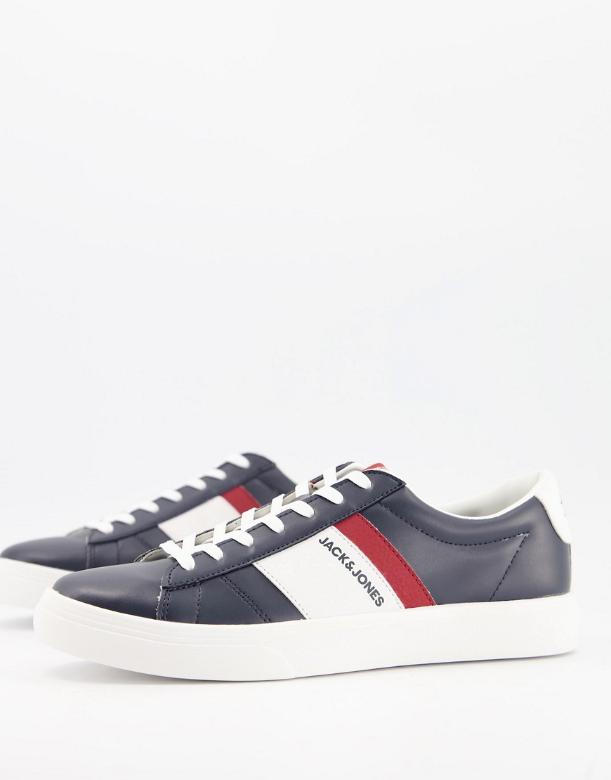 Jack & Jones Faux Leather Sneakers With Stripe Logo In Navy-white