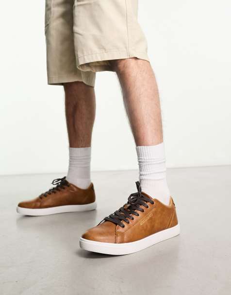 Jack & Jones faux leather trainer in brown with gold logo - view 1