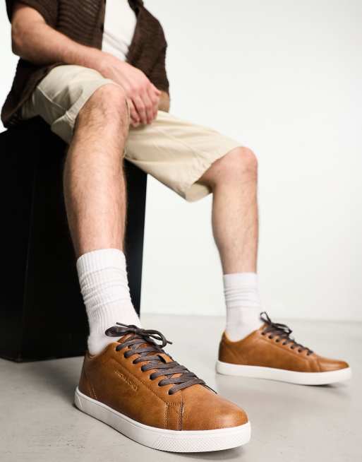 Jack & Jones faux leather trainer in brown with gold logo , 2 of 4