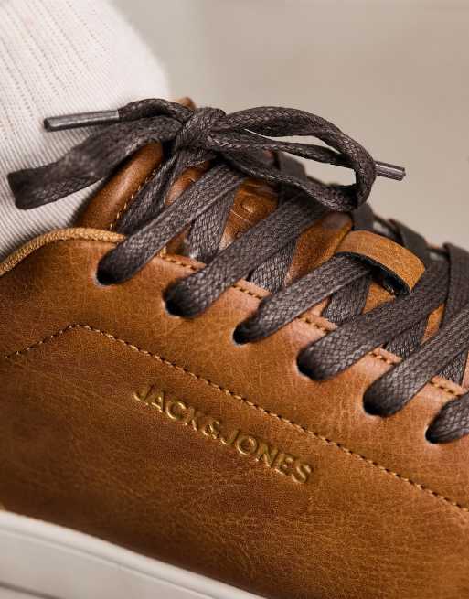 Jack & Jones faux leather trainer in brown with gold logo , 4 of 4
