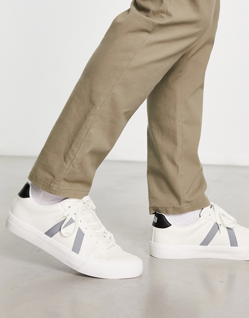 Jack & Jones faux leather trainer in white with grey contrast panel