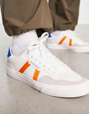 Jack & Jones faux leather trainer with contrast orange panel in white