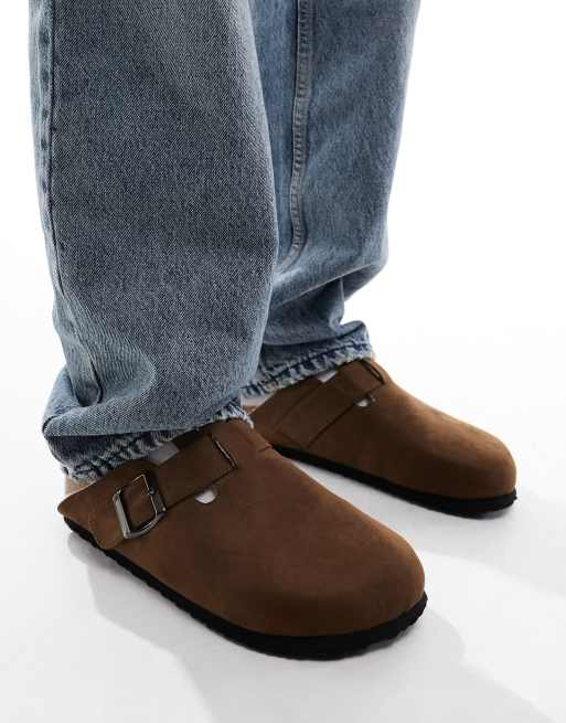 Jack & Jones faux lined suede mules in brown