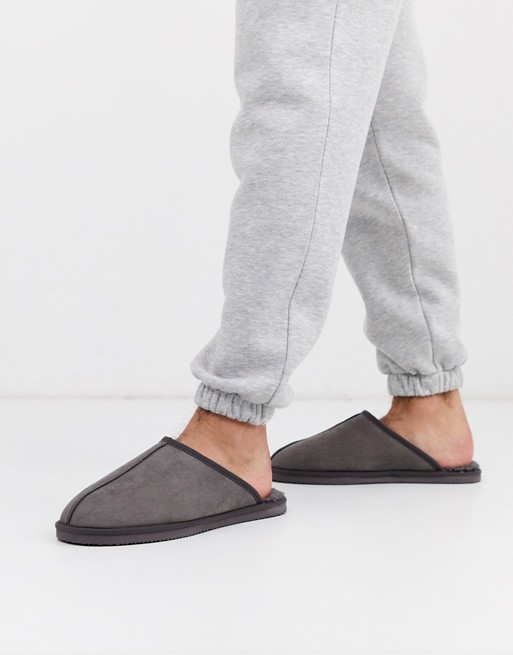 Jack & Jones faux shearling slippers in grey