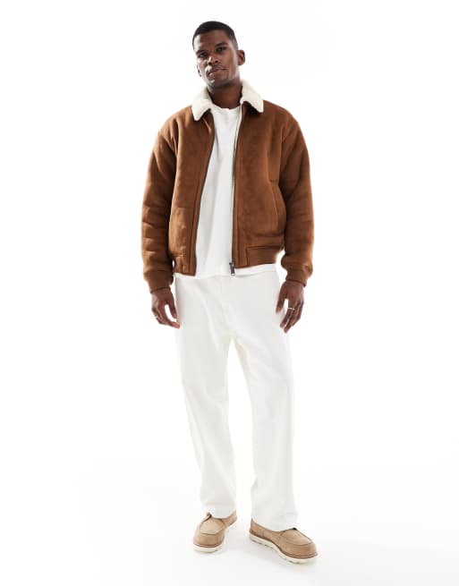 Jack & Jones faux suede bomber jacket with borg collar in tan, 2 of 5