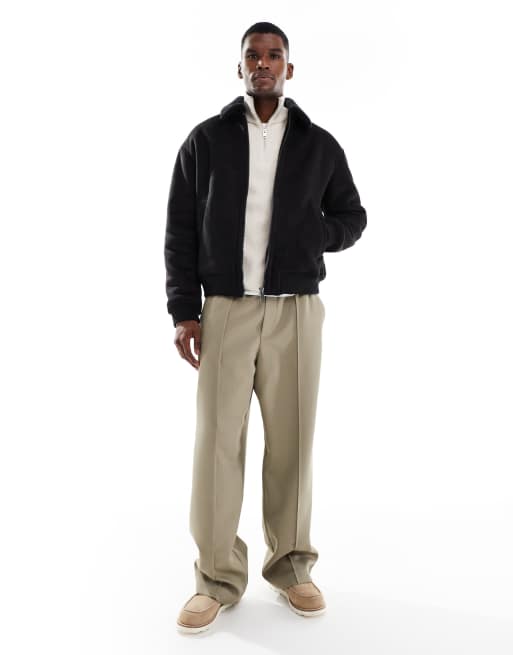 Jack & Jones faux suede bomber with borg collar in black, 2 of 5