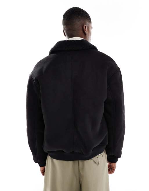 Jack & Jones faux suede bomber with borg collar in black, 3 of 5