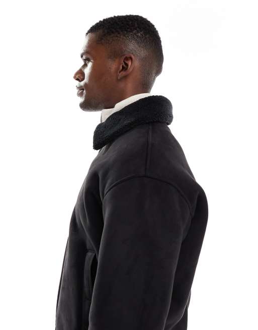 Jack & Jones faux suede bomber with borg collar in black, 4 of 5