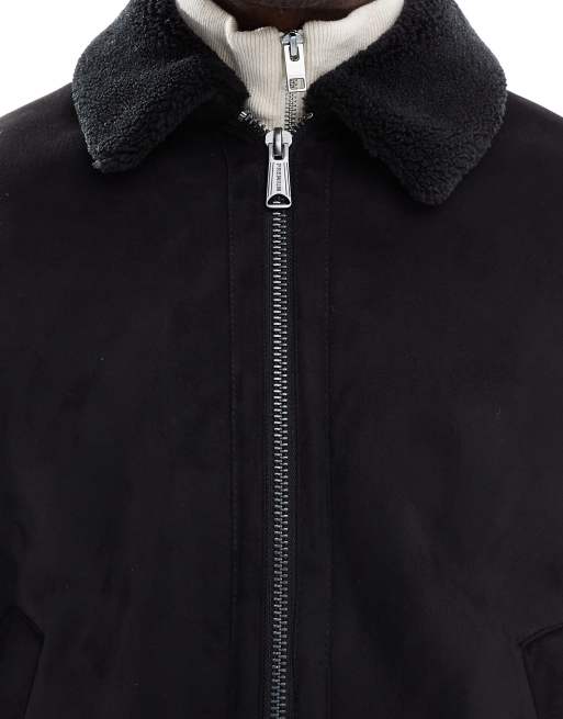 Jack & Jones faux suede bomber with borg collar in black, 5 of 5