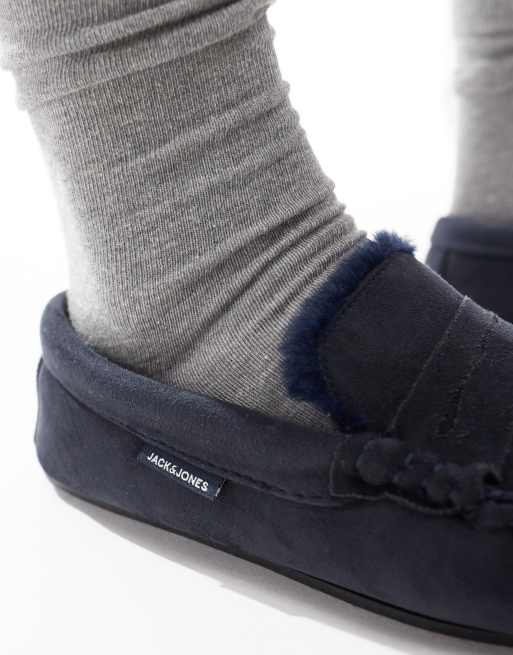 Jack Jones faux suede moccasin slipper in navy ASOS