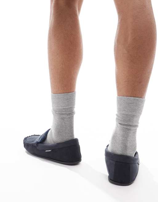 Jack & Jones faux suede moccasin slippers in navy, 3 of 4