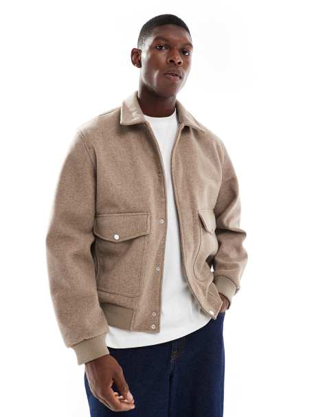Jack & Jones faux wool bomber jacket with collar in beige - view 1