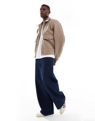 Jack & Jones Faux Wool Bomber Jacket With Collar In Gold