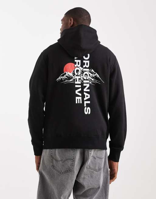 Jack & Jones - Felpa con cappuccio nera con stampa di montagne sul retro