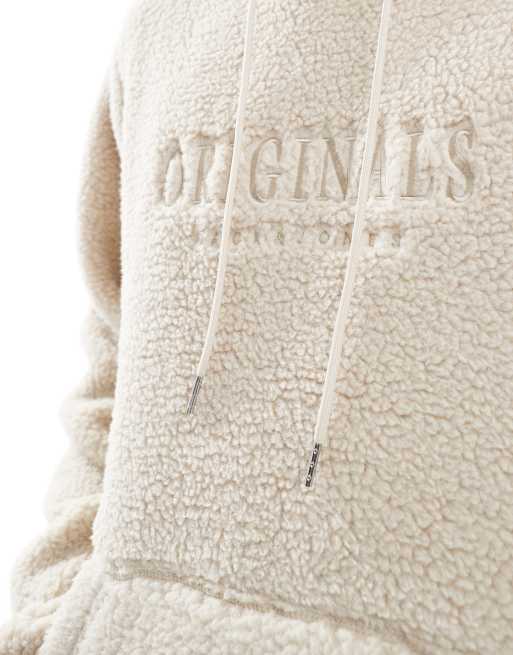 Jack & Jones - Felpa con cappuccio oversize in pile soffice beige con logo ricamato, 2 di 4