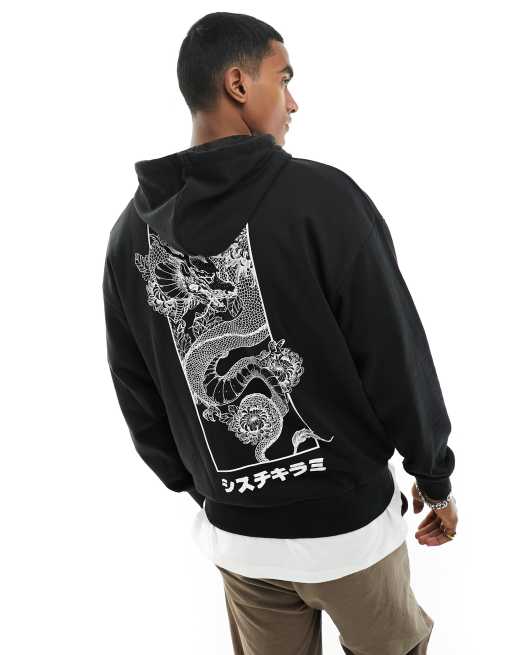Jack & Jones - Felpa con cappuccio oversize nera con stampa di dragone sul retro 