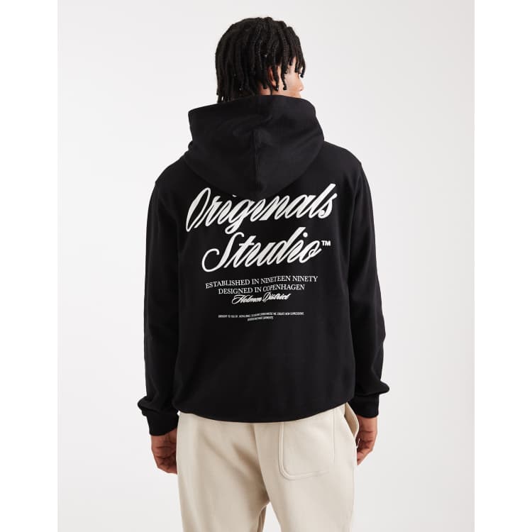 JACK & JONES Felpa Con Cappuccio Uomo – JcoAero Front Print, Nero, Taglio Ampio - 6