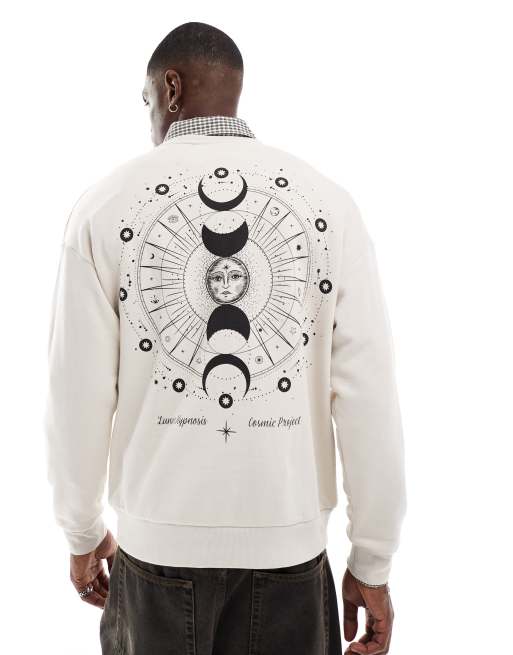 Jack & Jones - Felpa girocollo beige con stampa celestiale sul retro e spalle scese