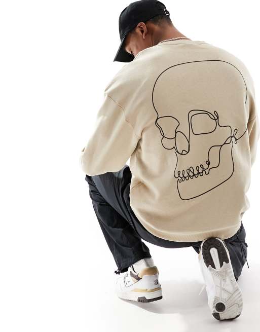 Jack & Jones - Felpa oversize girocollo beige con stampa di teschio sul retro