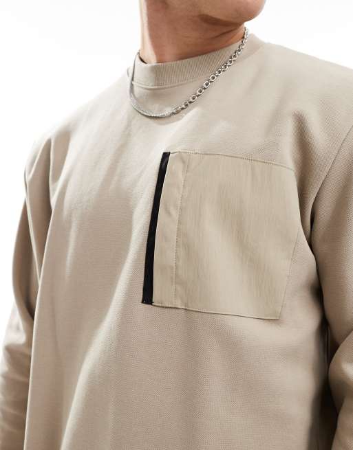 Jack & Jones - Felpa oversize girocollo beige slavato con tasca in nylon, 3 di 4