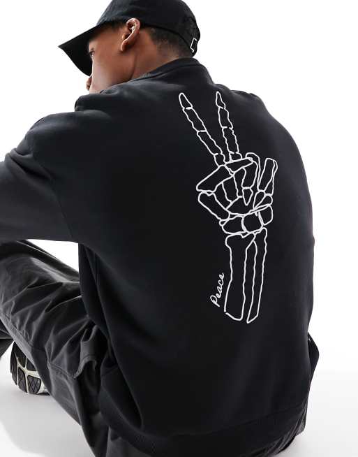 Jack & Jones - Felpa oversize girocollo nera con stampa con simbolo della pace sul retro