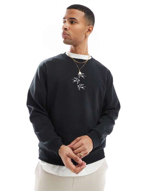 Jack & Jones - Felpa oversize nera con ricamo di colombe 
