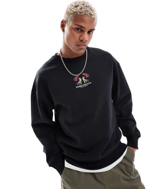 Jack & Jones - Felpa oversize nera con stampa di tigre sul retro