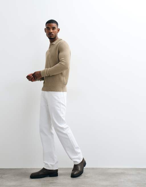 Jack & Jones fijn geribde polotrui in beige, 2 van 5