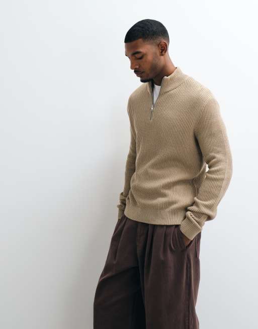 Jack & Jones fijn geribde trui met kwartrits in beige, 3 van 5