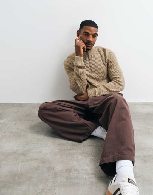 Jack & Jones fijn geribde trui met kwartrits in beige, 5 van 5