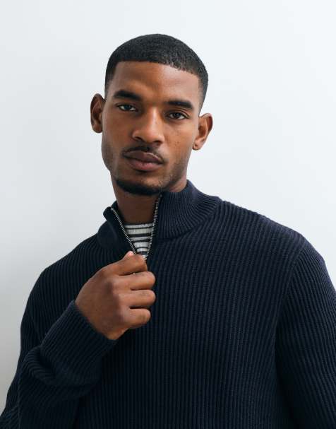 Jack & Jones fijn geribde trui met kwartrits in navy - view 1