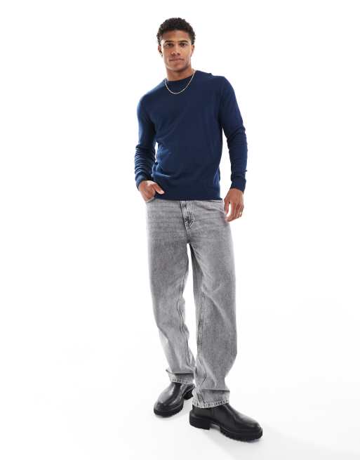 Jack & Jones fine gauge crew neck sweater in navy
