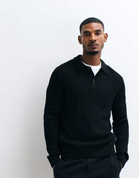 Jack & Jones fine rib polo jumper in black - view 1