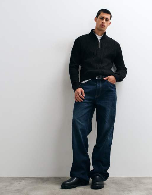 Jack & Jones fine rib quarter zip sweater in black, 2 of 5