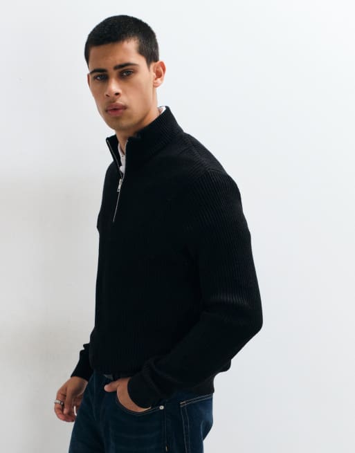 Jack & Jones finribbad tröja med kvartslång dragkedja i svart, 4 av 5