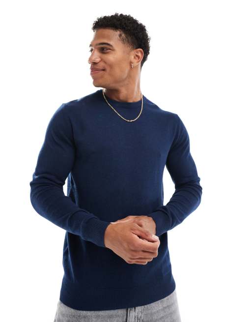 Jack & Jones - Fintstrikket trøje med rund hals i marineblå, 3 af 4