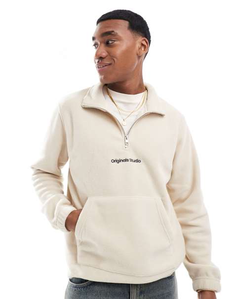 Jack & Jones - Fleece met halve rits en Originals-logo in lichtbeige - view 1