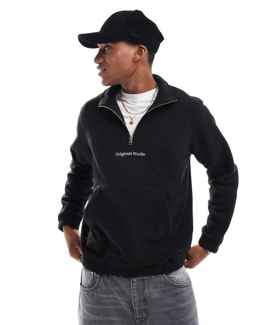 Jack & Jones - Fleece met halve rits en Originals Studio-logo in zwart
