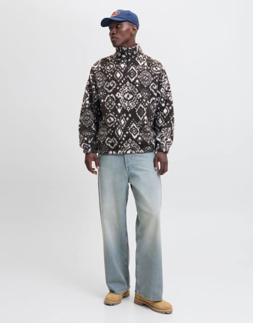 Jack & Jones - Fleece met korte rits en geometrisch patroon in bruin, 2 van 7