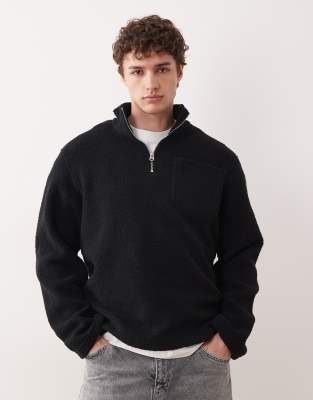 Fleece-Sweatshirt in Schwarz mit kurzem Reißverschluss und Muster Schwarz L