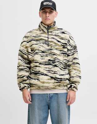 Fleece-Sweatshirt mit abstraktem mehrfarbigem Streifenmuster-Neutral Neutral L
