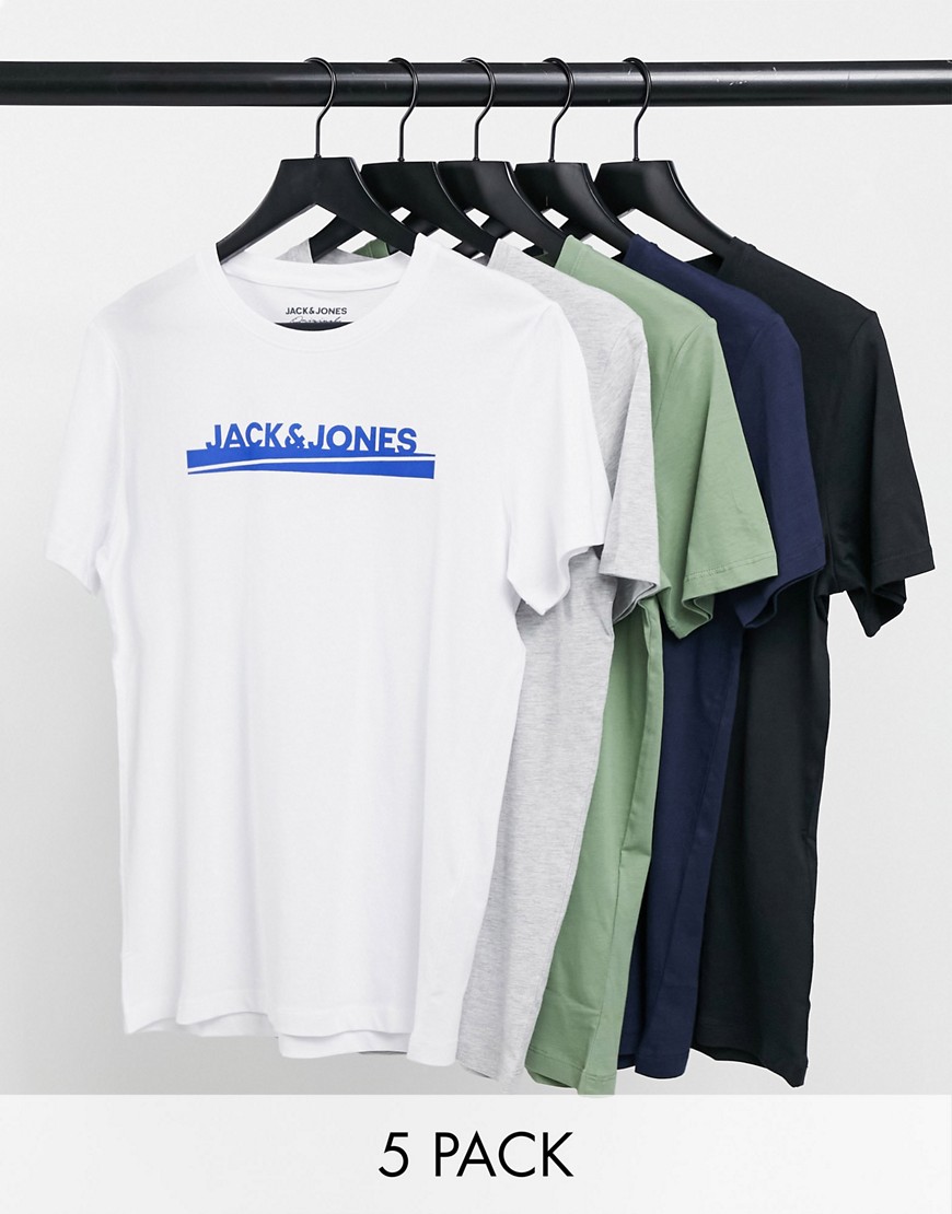 Jack & Jones – Flerfärgade t-shirtar med rund halsringning i 5-pack-Olika färger
