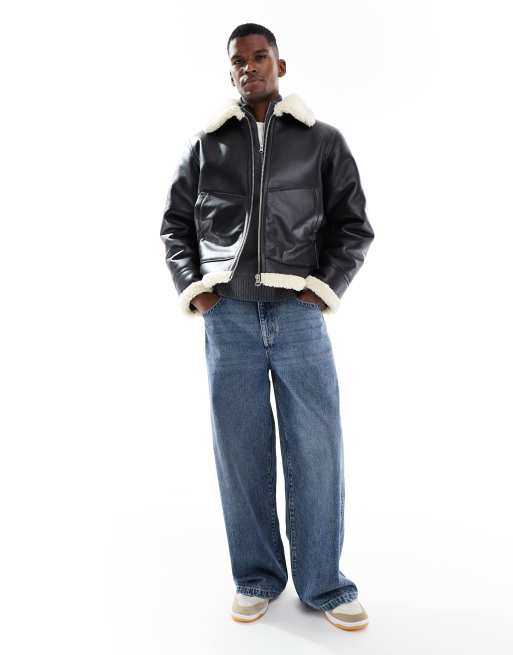 Jack Jones – Fliegerjacke aus Kunstleder in Schwarz ASOS